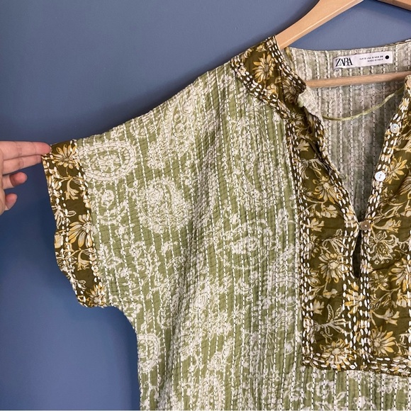 Zara Green Boho Print Quilted Tunic Mini Dress - Picture 8 of 10